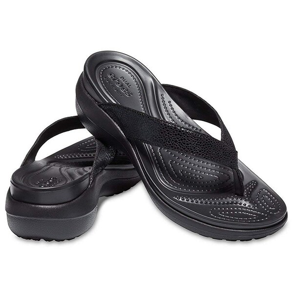 crocs women's capri metallic text wedge flip flop