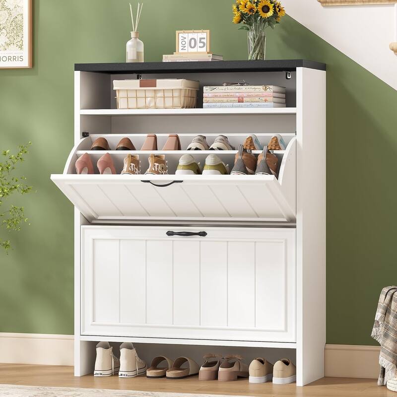 Shoe Storage Cabinet with 2 Large Flip Drawers Shoe Rack Cabinet - White