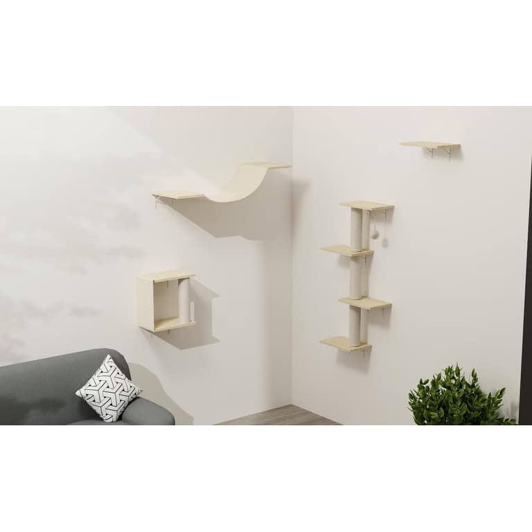 4pcs Modern Wall-Mounted Cat Furniture - Natural Wood