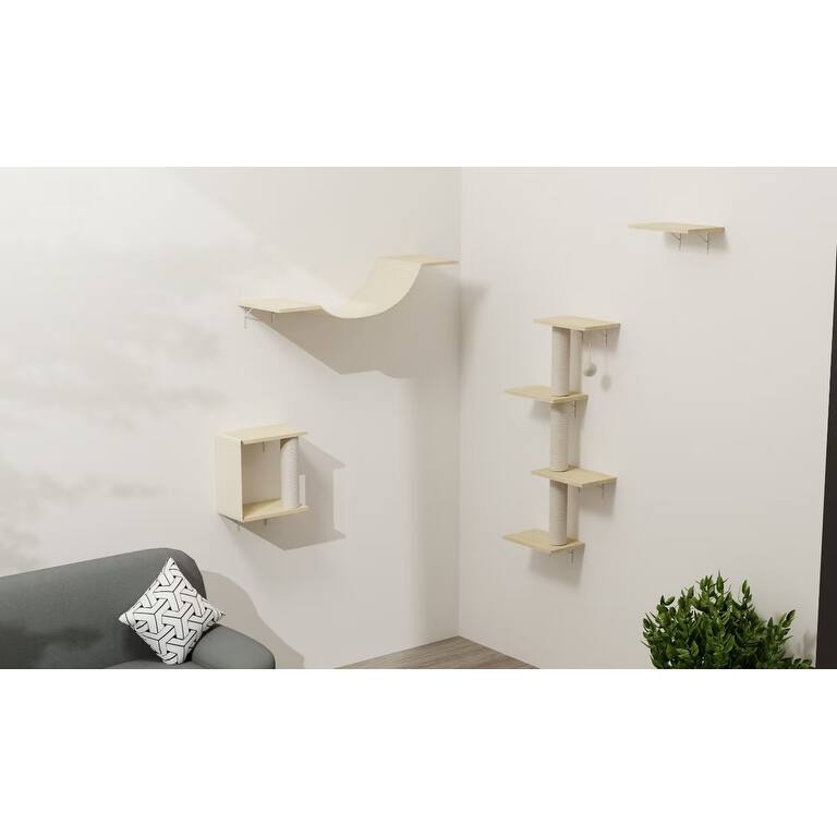 Wall Mounted Cat Furniture Set of 4 with Scratching Post and Plush Bed