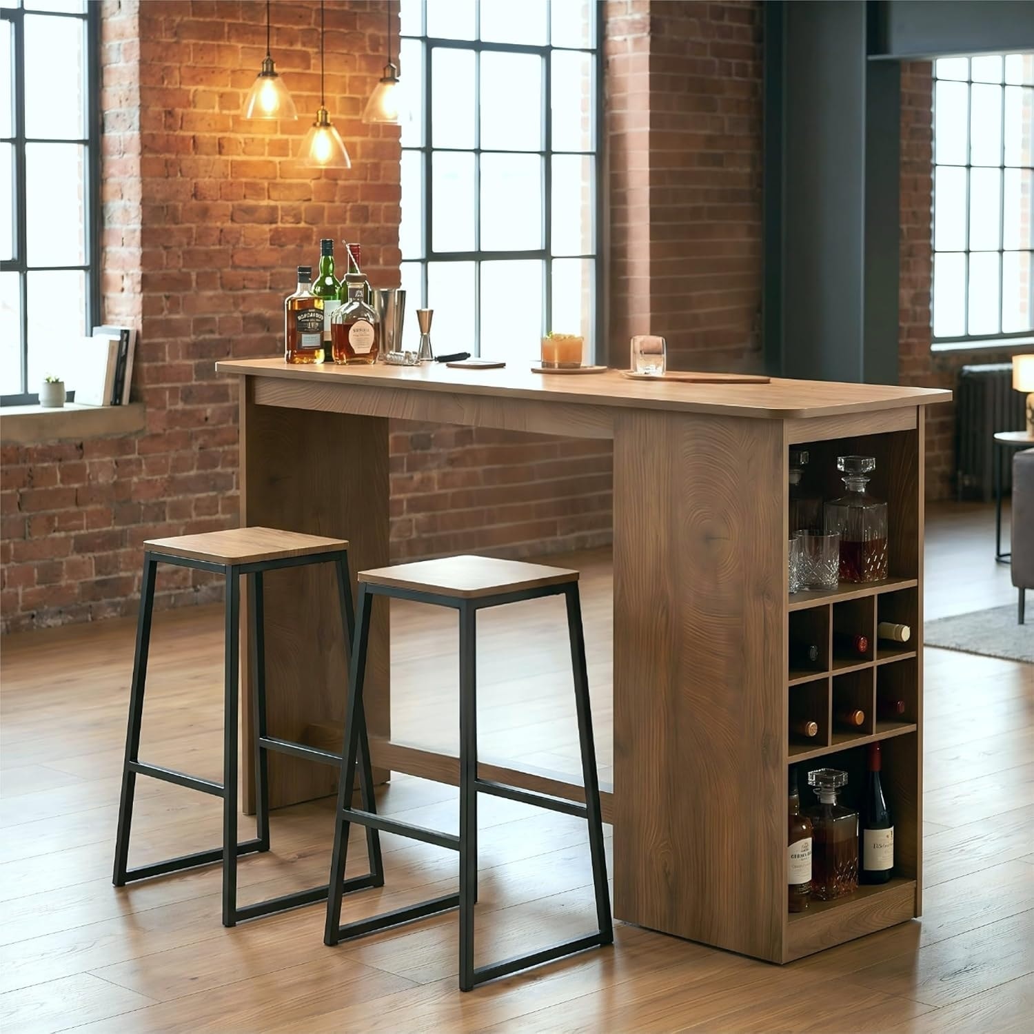 63” Industrial Long Bar Table, Wood Counter Height Pub Table with Storage, Farmhouse Kitchen Island for Home Bar Dining Room