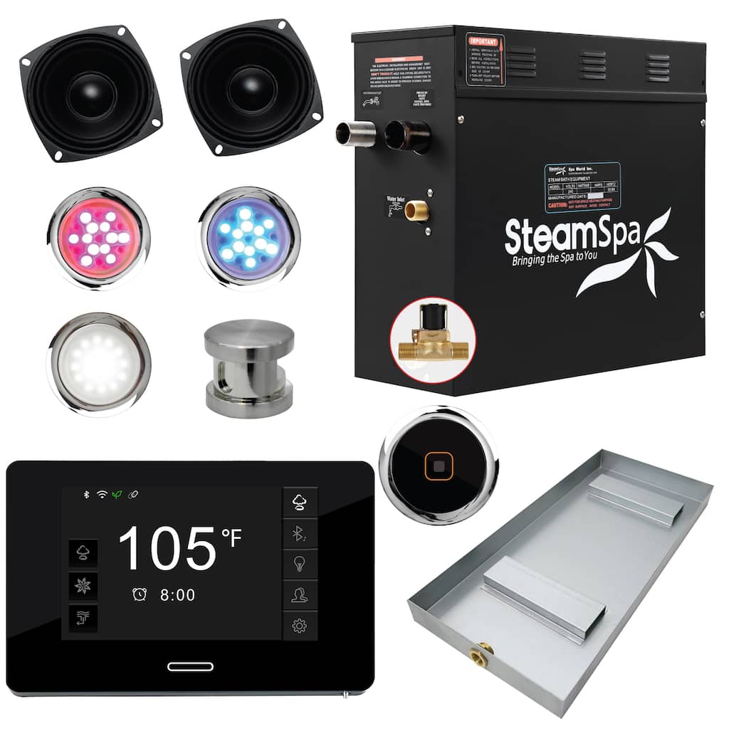 SteamSpa Black Series Bluetooth 9kW QuickStart Steam Bath Generator Package in Brushed Nickel