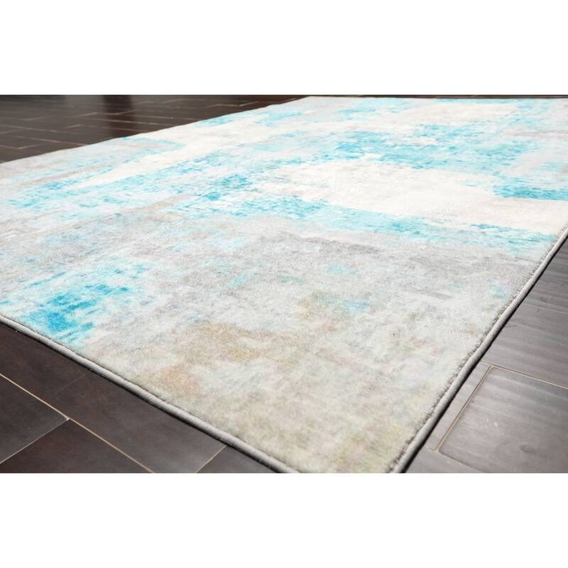 4'x6' Machine Made Cotton Oriental Area Rug Aqua, Beige Color
