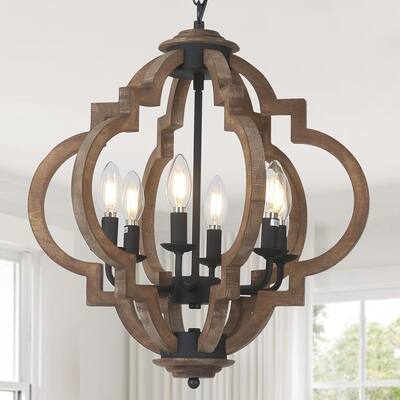 Farmhouse Chandeliers for Dining Room, 6-Light Rustic Dining Room Light Fixture Over Table, Wood Black Hanging Pendant Lights
