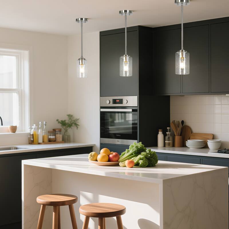 Modern Nickel 1-Light Cylinder Glass Pendant Light for Kitchen Island Dining Kitchen Commercial - D3.9" x H7.2"