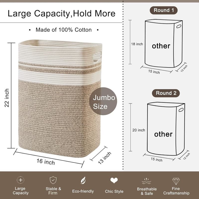 Laundry Hamper-Laundry Basket,Tall Cotton Storage Basket with Handles - 16*13*22