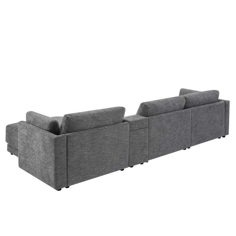 124" Chenille 4-Seater sat L-Shaped Sectional Sofa with Storage Console, Movable Ottoman and USB Charger