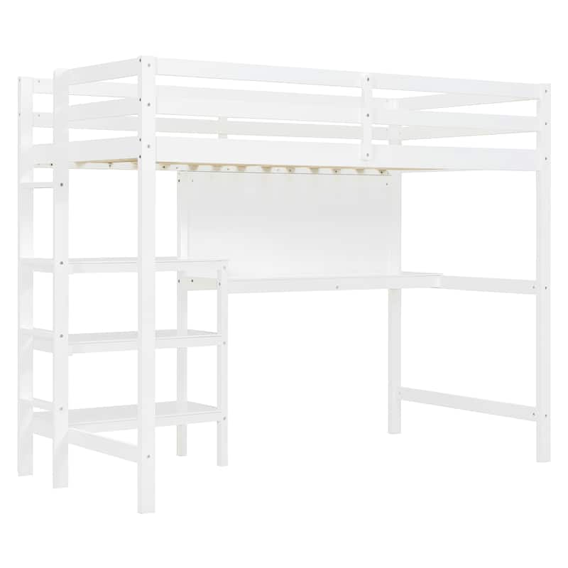 Twin Size Wooden Loft Bed with Shelves, Desk and Writing Board
