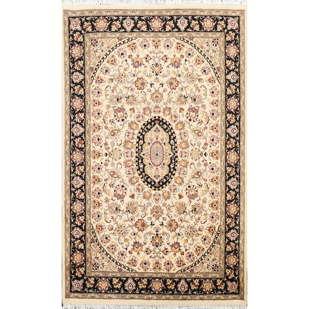 Vegetable Dye Wool/ Silk Floral Tabriz Oriental Area Rug Hand-knotted - 4'0" x 6'2"