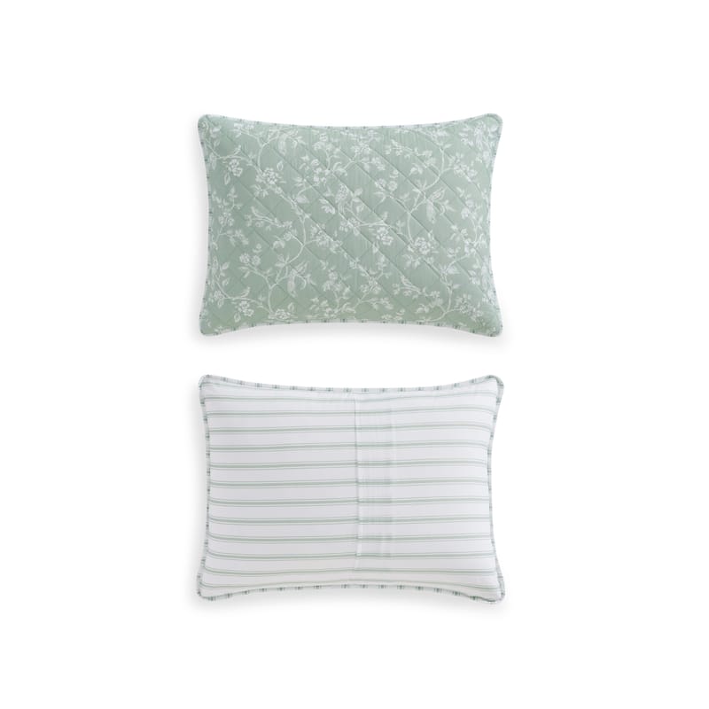 Martha Stewart French Bird Floral Green Cotton Reversible Quilt Set