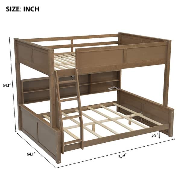 dimension image slide 0 of 2, Wood Full XL over Queen Bunk Bed with Shelves, Storage Cabinets, USB Ports, Bunk Bed Frame w/Slats Support, No Box Spring Needed