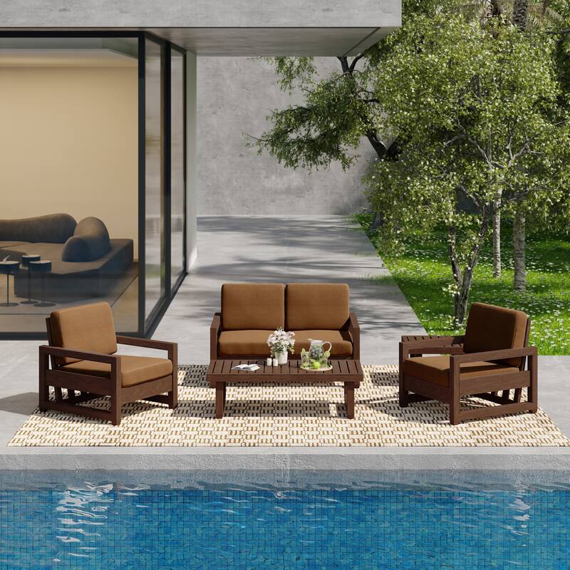 5-Piece Teak Wood Outdoor Patio Conversation Set with Cushion