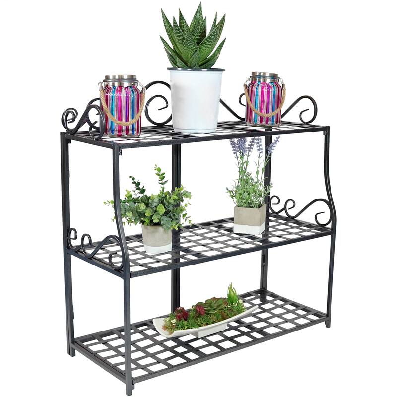 3-Tier Plant Stand Iron Metal Shelves with Decorative Scroll Edging