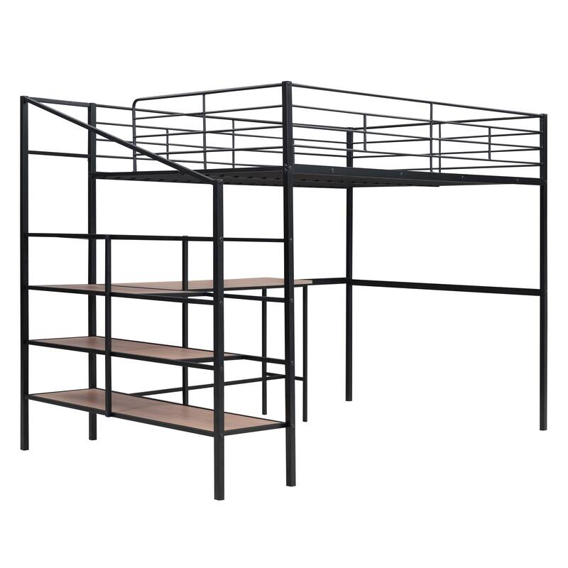 Full Size Chrome Metal Loft Bed with Built-in Desk and Lateral Storage Shelves, Space-Saving Design
