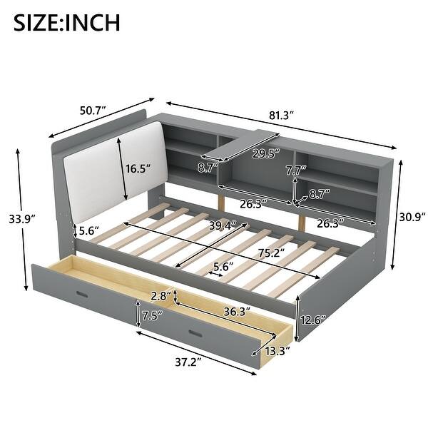 dimension image slide 0 of 2, Pine Storage Twin Size Platform Bed with Headboard, Shelves and 2 Drawers