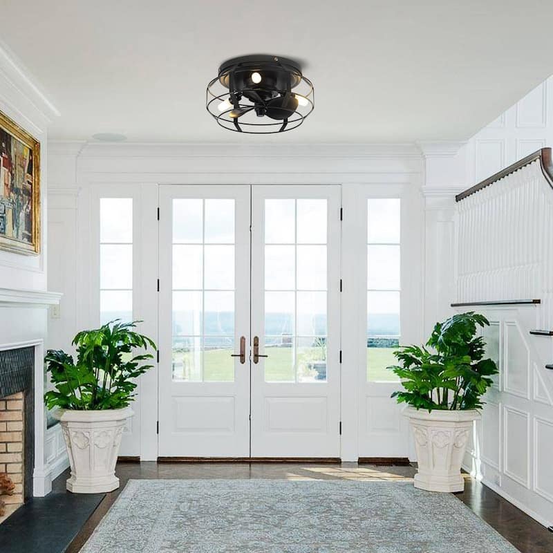 12" 3-Blade 3-Light Black Cage Ceiling Fan with Light