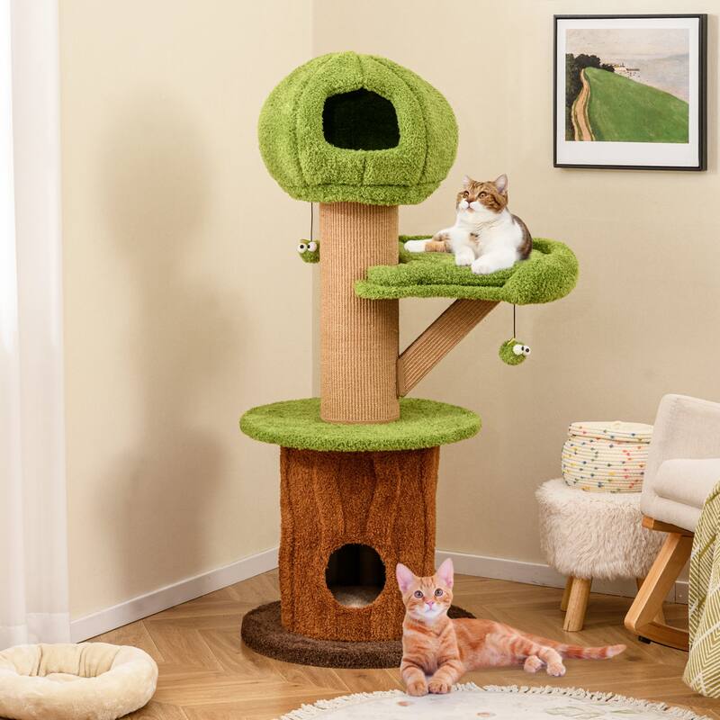 Mushroom Cat Tree for Indoor Cats with 2 Cute Condos Plush Perch and Teasing Balls-Green - Multi - Multi