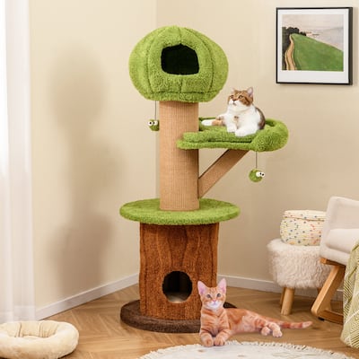 Mushroom Cat Tree for Indoor Cats with 2 Cute Condos Plush Perch and Teasing Balls-Green - Multi