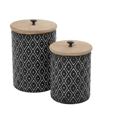 Metal Geometric Decorative Jars with Wood Lids - Set of 2 Black - Roche River Decor - 8"W x 8"L x 11"H
