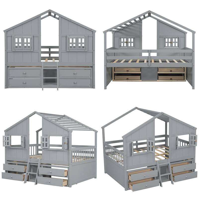 Wooden Loft Bed w/4 Storage Drawers and Roof, Full Size House Loft Pine Wood Bed