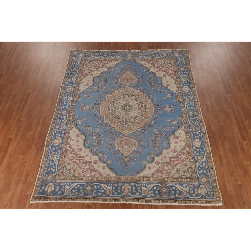 Blue Geometric Tabriz Persian Vintage Rug Hand-Knotted Wool Carpet - 8'2"x 10'9"