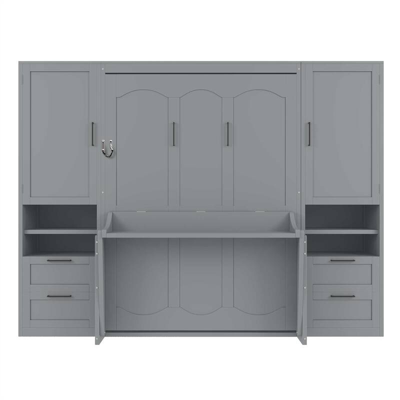 Full Size Murphy Bed Wall Bed With Closet ,Drawers And Shelves, Gray