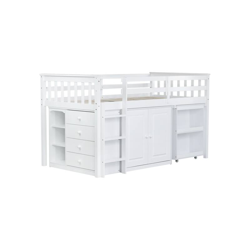 Roomfitters Twin Rubber Wood Loft Bed with Storage Cabinets, Pull-Out Desk, Safety Guardrail and Ladder
