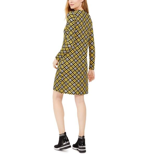 Michael Kors Women's Plaid Long Sleeve Jewel Neck Short Shift Dress Green  Size Petite Large - Bed Bath & Beyond - 40557254