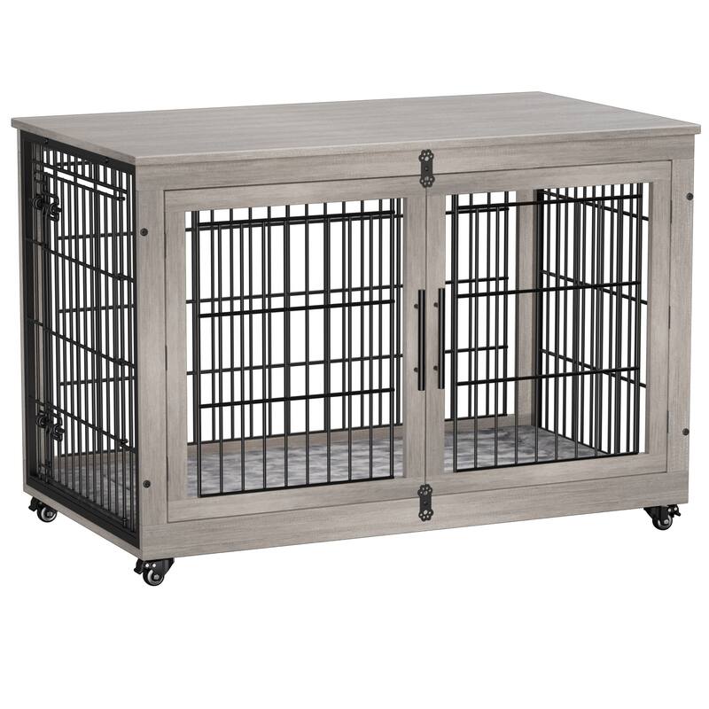 Dog Crate Indoor Heavy Duty Double Doors Wooden Dog Cage with Cushion - 44"L×27.5"W×30.8"H - Grey - Assembly Required