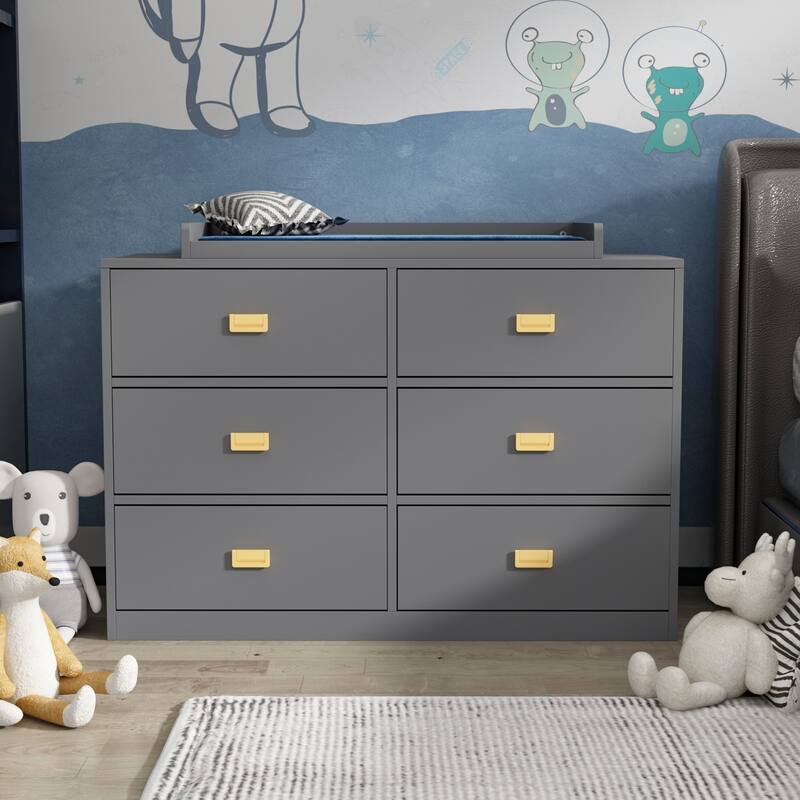 Dresser 6 Drawers With Baby Changing Table In White/Grey Golden Handle - 45.1"W