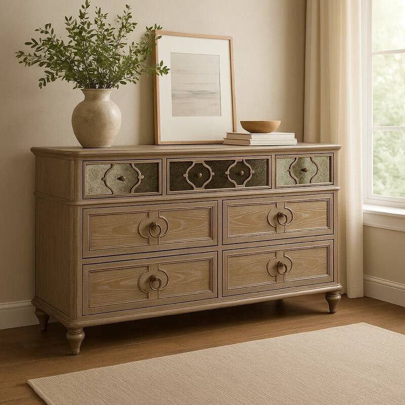 Lyla 7 Drawer Wide Dresser, Rustic Oak Solid Wood, Antique Mirror Panels