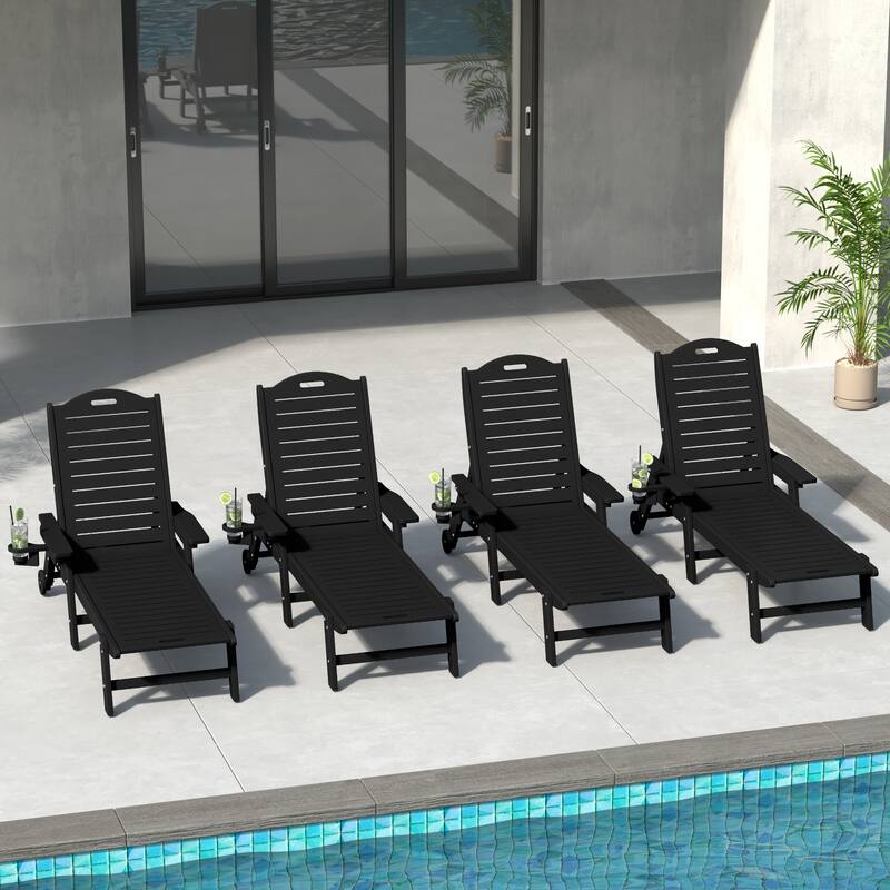 Brighton Outdoor Poly Reclining Chaise Lounge with Wheels & Cup Holder (Set of 4)
