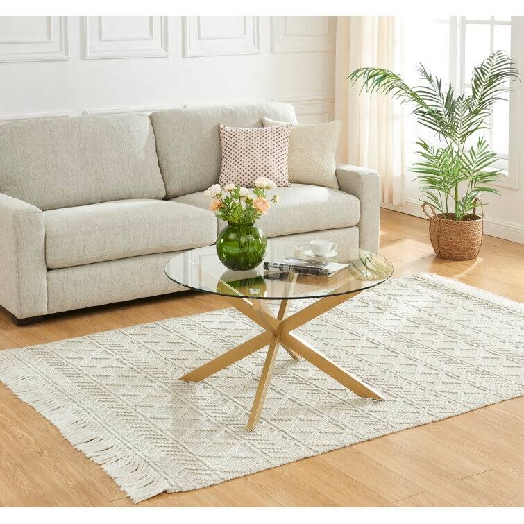 35.4" Round Coffee Table With Glass Top - Gold