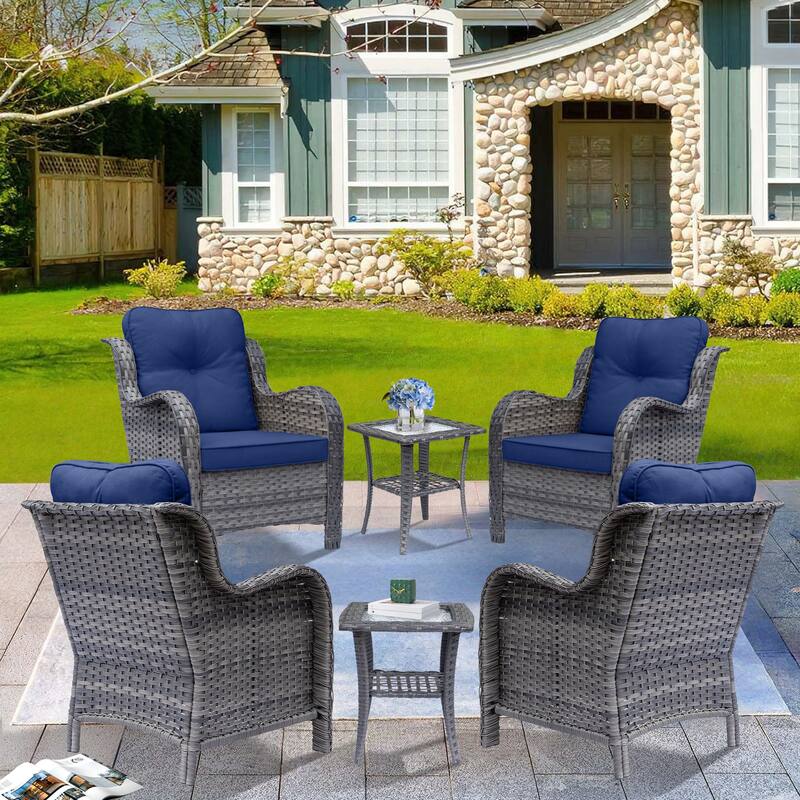 6 Piece Outdoor Wicker Rattan Patio Conversation Furniture Chairs Sets - Navy Blue-Gray Rattan