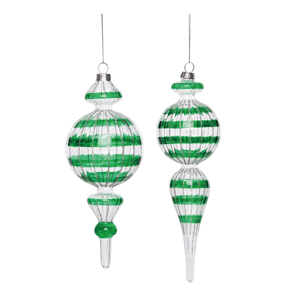 Transpac Large Glass Long Green Striped Ornament Set of 2 Christmas Home Decorations