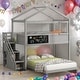 preview thumbnail 1 of 36, Artsy House Roof Shape Design Twin over Full Wood Bunk Bed with Storage Staircase and Blackboard, Solid Construction Grey