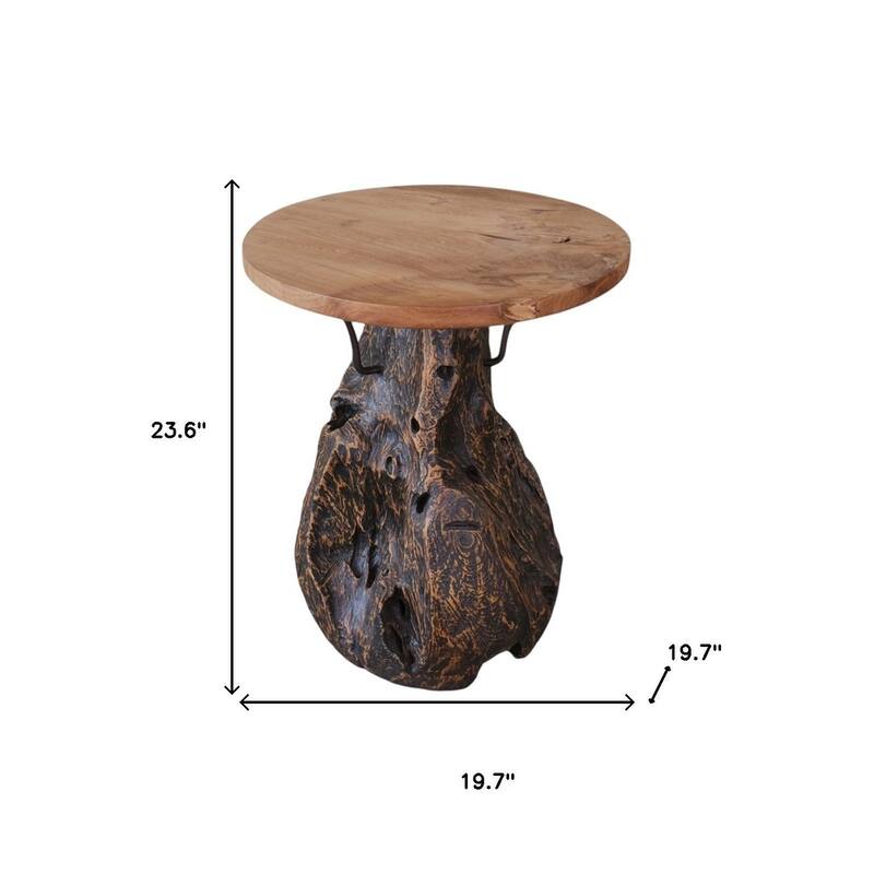 HomeRoots 24" Natural and Smoky Black Distressed Reclaimed Wood Round Pedestal End Table - 19.70 in. x 23.60 in. x 19.70 in.
