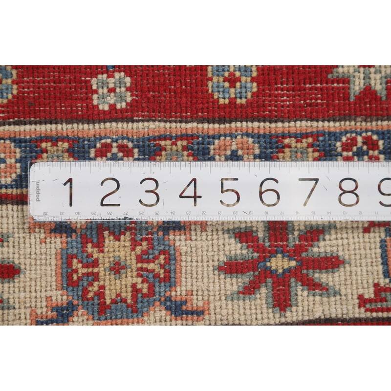 Geometric Red Kazak Runner Rug Hallway Hand-Knotted Wool Carpet - 2'7" x 8'0"