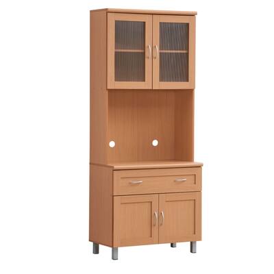 77.5" Beige Solid Microwave Kitchen Cabinet with Transparent Doors