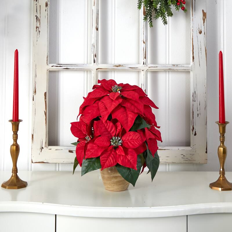 Silk Flower Arrangement Ceramic Vase - Realistic Faux Flowers, Timeless Traditional Christmas Decor, 12"L x 11"D x 13"H - 13