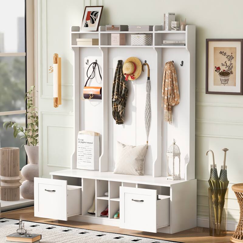 Entryway Bench with Coat Rack, 7 Hooks, 2 Drawers, Adjustable Shelves & Metal Handles for Hallway, Entryway & Living Room