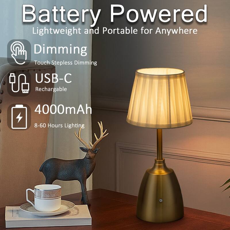 Classic Rechargeable LED Table Lamp with Fabric Shade Touch Control USB Cordless Nightstand Light for Nightstand Room - W6.3‘’
