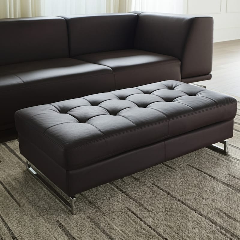 HomeRoots 63" Brown and Silver Faux Leather Tufted Ottoman