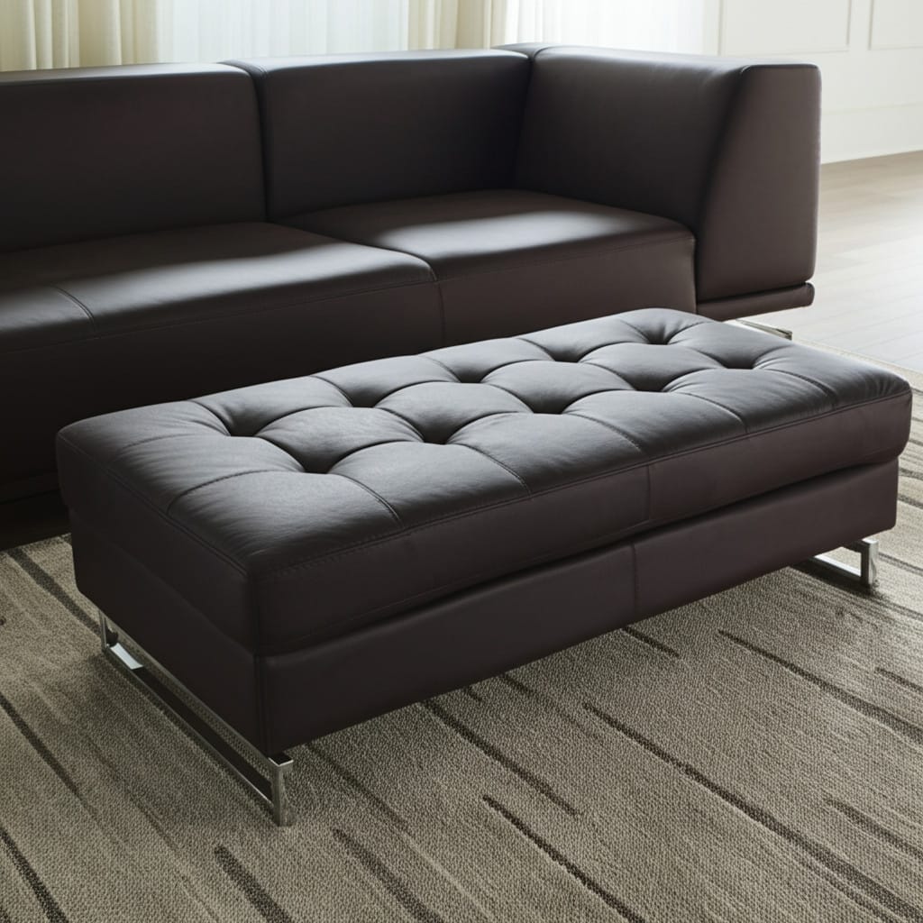 HomeRoots 63" Brown and Silver Faux Leather Tufted Ottoman