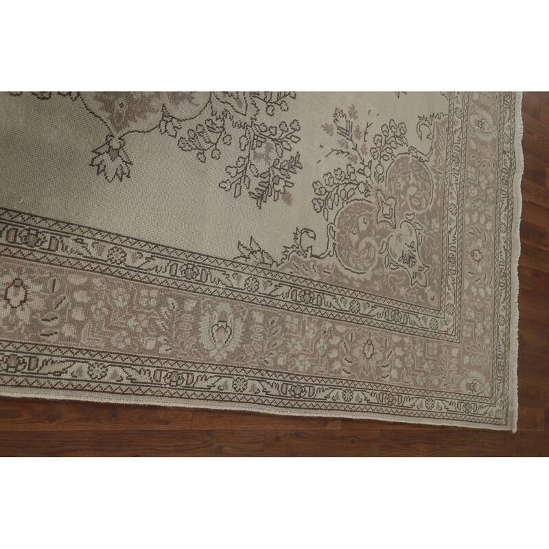 Beige Distressed Tabriz Vintage Persian Rug Hand-Knotted Wool Carpet - 6'9" x 9'6"