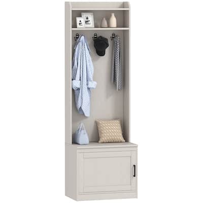 Modern Entryway Hall Tree with Bench Coat Rack Storage Cabinet and Adjustable Shelves - 23.5" W x 15.25" D x 72" H