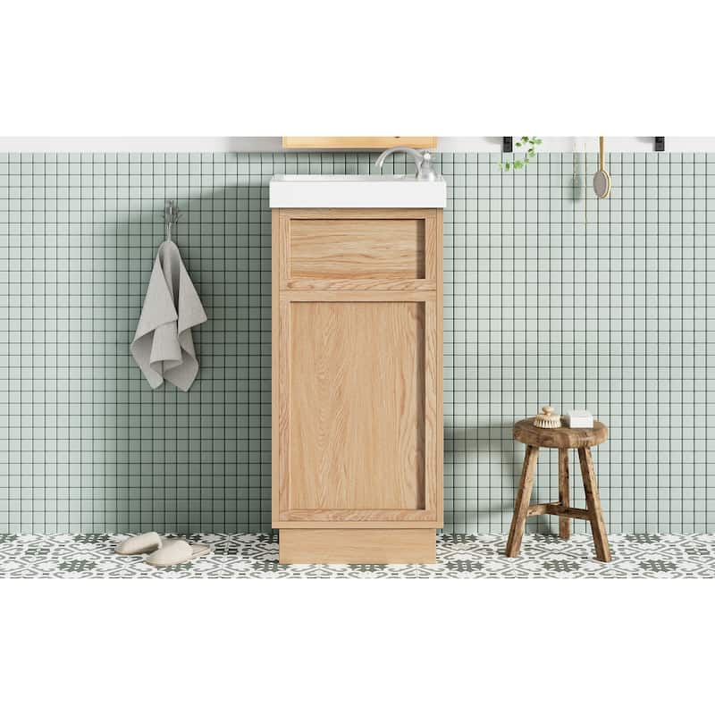 Roomfitters 15.75" Bathroom Vanity with Resin Sink, Adjustable Shelf, Push-to-Open Reversible Door, Wood