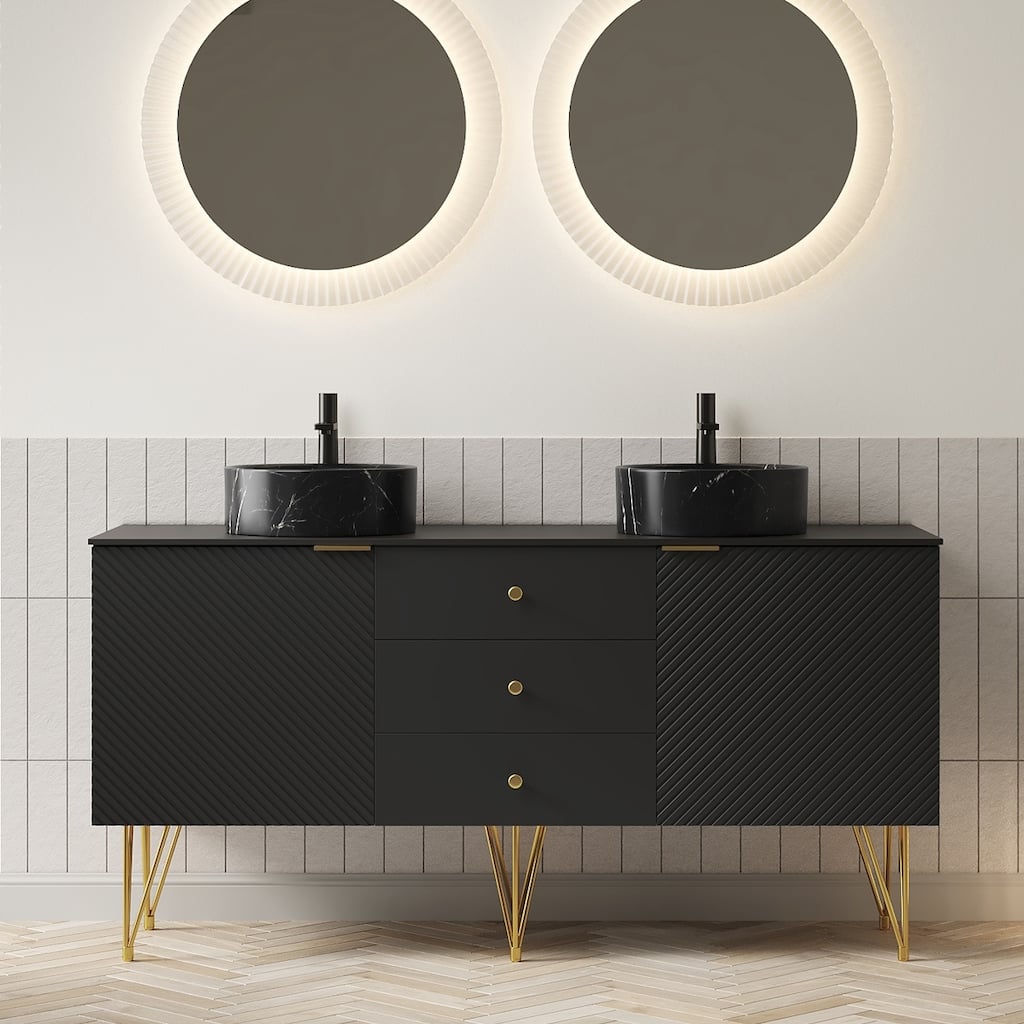GDFStudio - Gema 60" Freestanding Bathroom Vanity with Double Stone Pattern Ceramic Vessel Sinks & Sintered Stone Countertop
