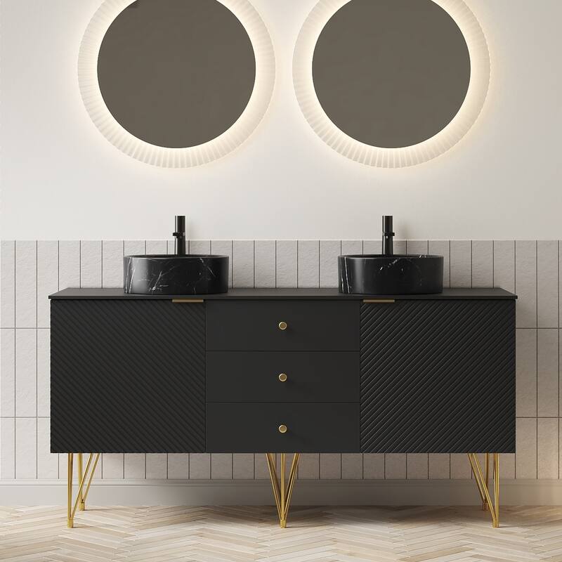 GDFStudio - Gema 60" Freestanding Bathroom Vanity with Double Stone Pattern Ceramic Vessel Sinks & Sintered Stone Countertop - Black