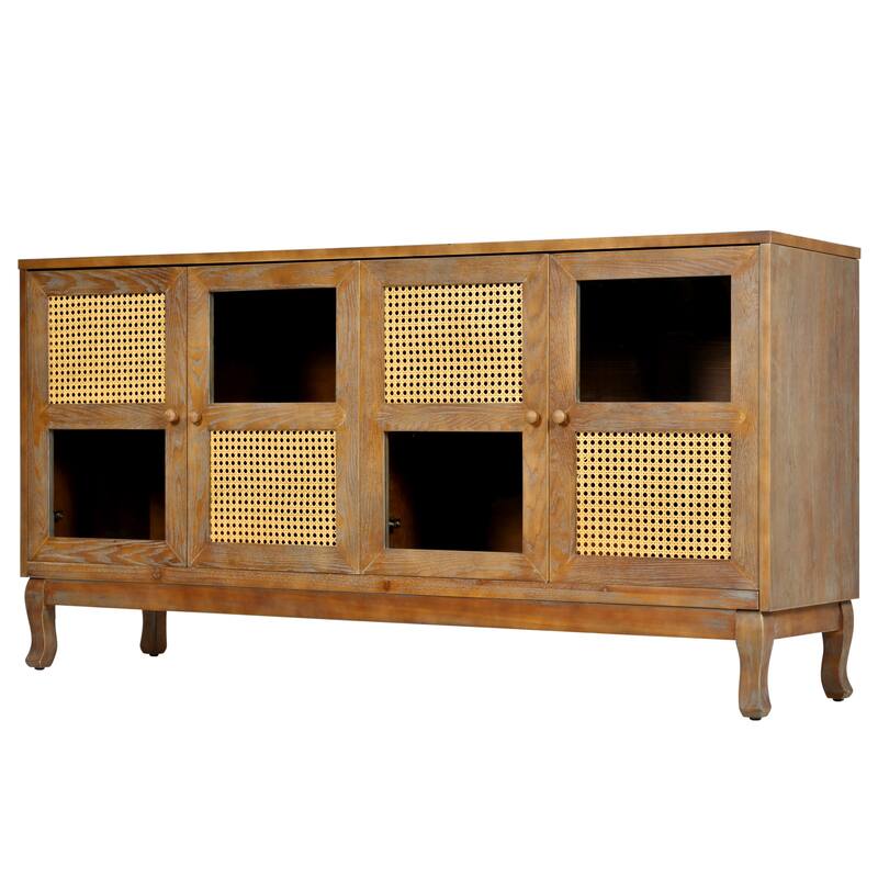 4-Door Sideboard with Large Storage Space Artificial Rattan Doors and Transparent Glass, for Dining Room Living Room